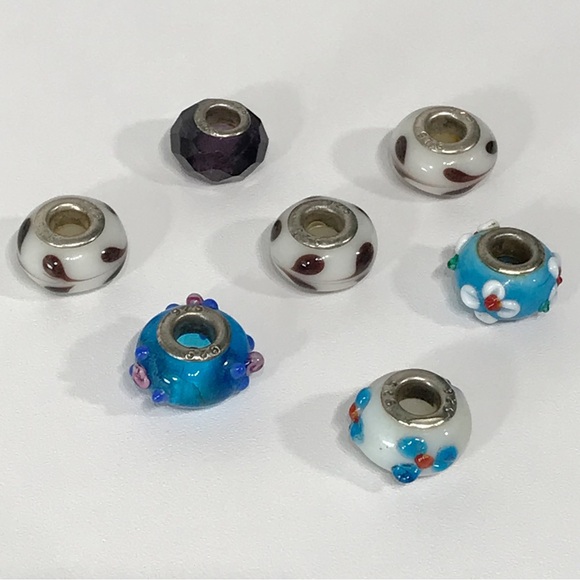 925 Sterling Silver Lampwork Art Glass Pandora Style Beads Lot Set 7 Charms - Picture 2 of 7